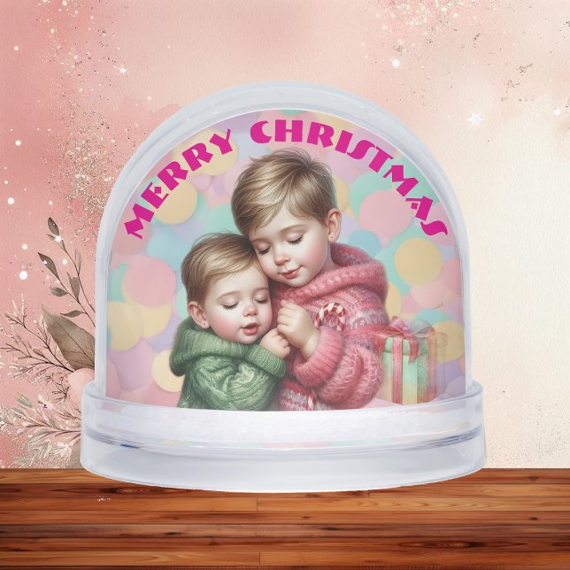 Merry Christmas Two Brothers Family Photo Pastel  Snowglobe (Merry Christmas Two Brothers Family Photo Pastel Snow Globes)