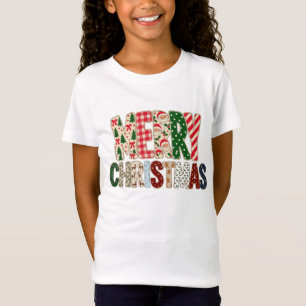 Merry Christmas Two Line Patchwork Lettering Tre T-Shirt