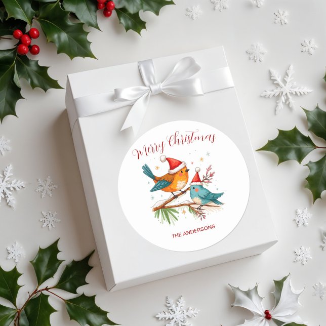 Merry Christmas Two  Loving Birds Classic Round Sticker (Creator Uploaded)