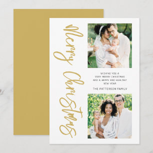 Merry Christmas Two Photo Family Gold Script Holiday Card