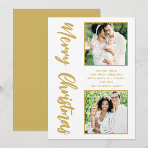 Merry Christmas Two Photo Family Gold Script Holiday Card