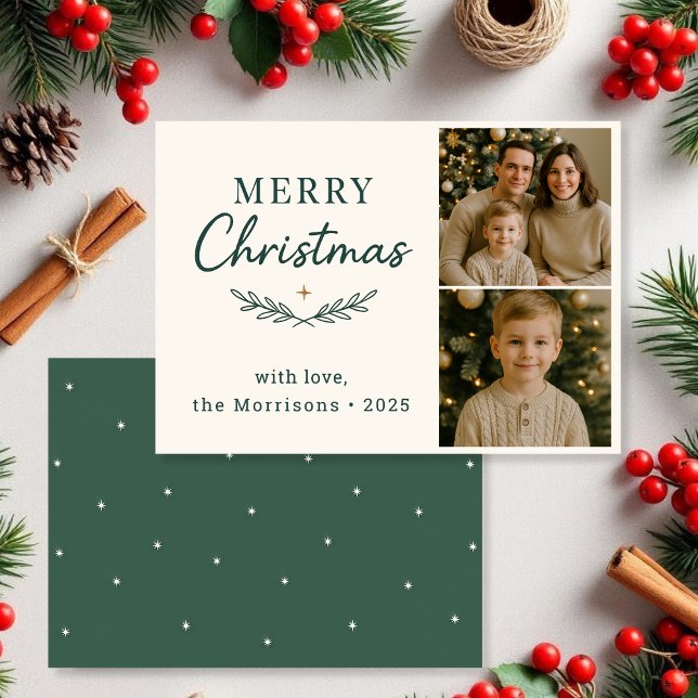 Merry Christmas Two Photo Green Holiday Flat Card (Creator Uploaded)