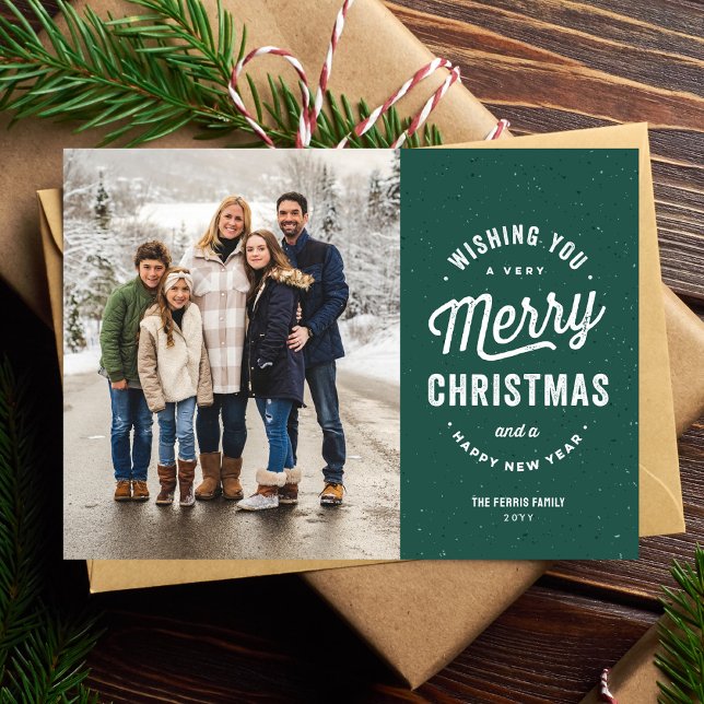 Merry Christmas two photo green outdoorsy family Holiday Card (Creator Uploaded)