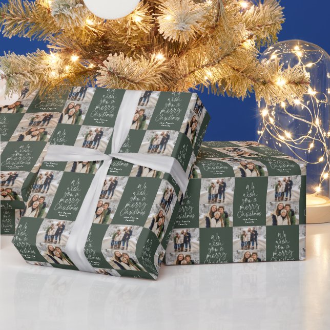 Merry Christmas two photo personalised green Wrapping Paper (Holidays)