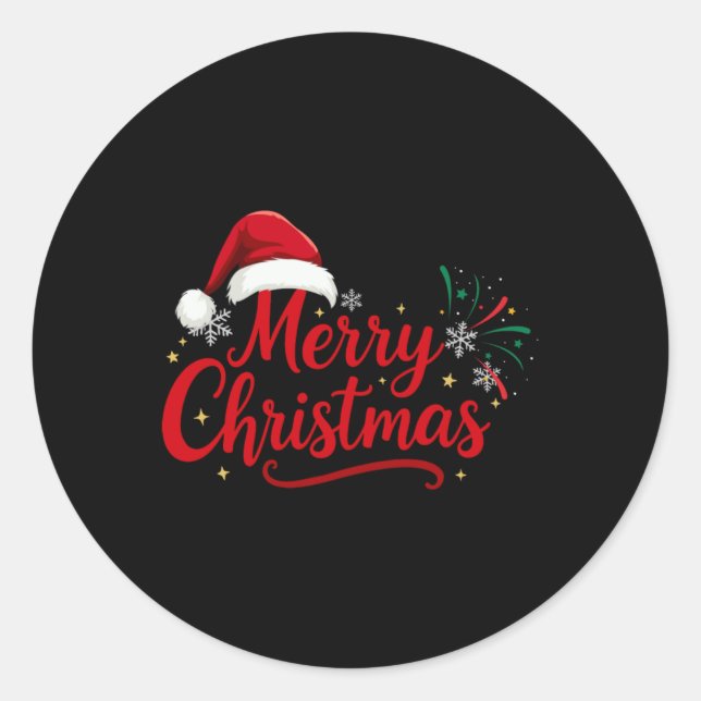 Merry Christmas Tygraphy With Santa Hat And Snow T Classic Round Sticker (Front)
