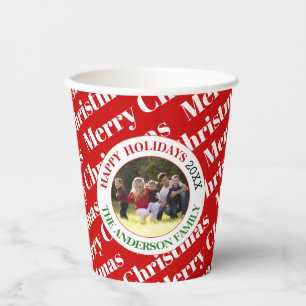 Merry Christmas typography and photo holiday Paper Cups