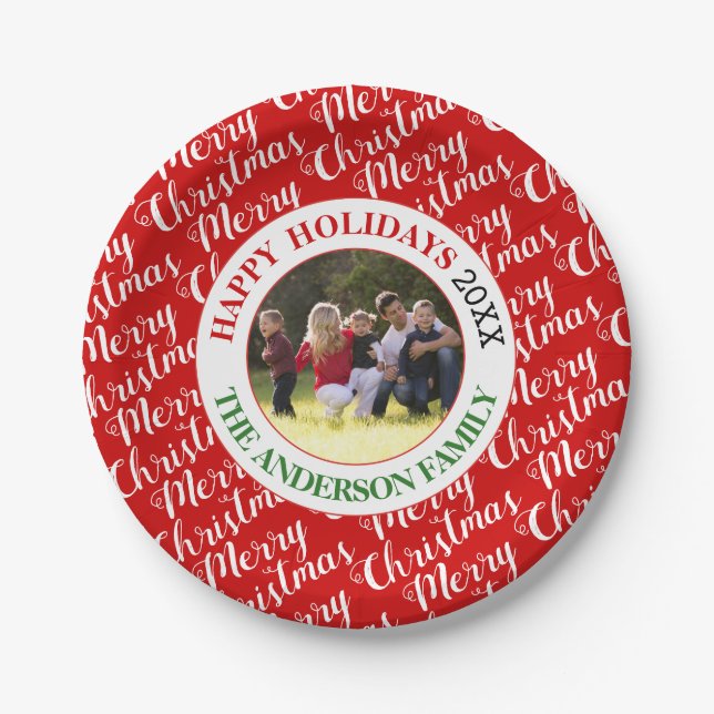 Merry Christmas typography and photo holiday Paper Plate (Front)