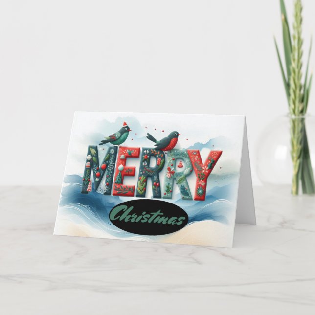 Merry Christmas Typography Birds  Holiday Card (Front)