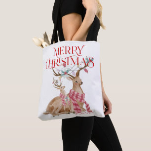Merry Christmas typography & Christmas deer Tote Bag