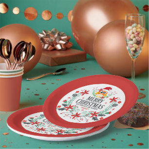 Merry Christmas Typography & Christmas Owl Wreath  Paper Plate