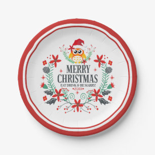 Merry Christmas Typography & Christmas Owl Wreath Paper Plate