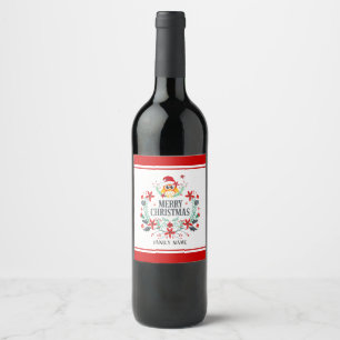 Merry Christmas Typography & Christmas Owl Wreath Wine Label