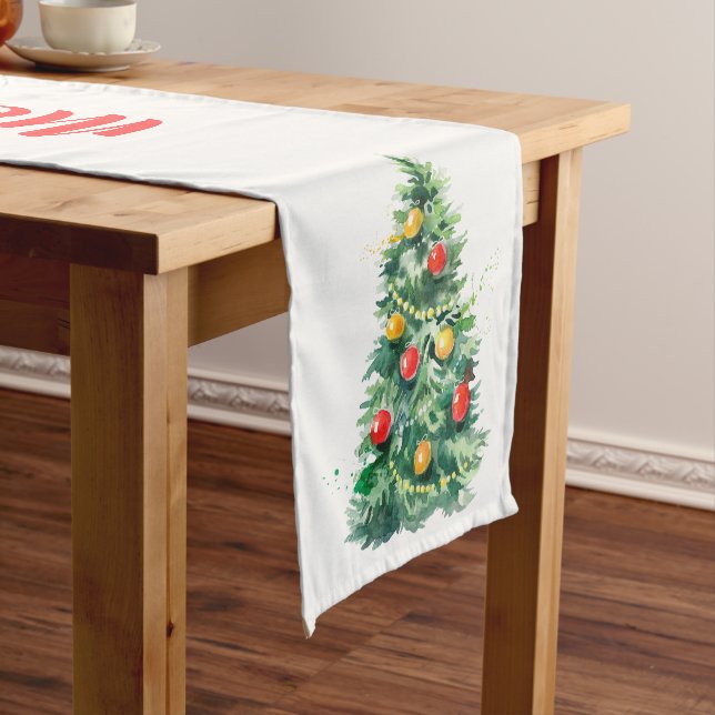 Merry Christmas Typography & Christmas Tree Medium Table Runner (In Situ)