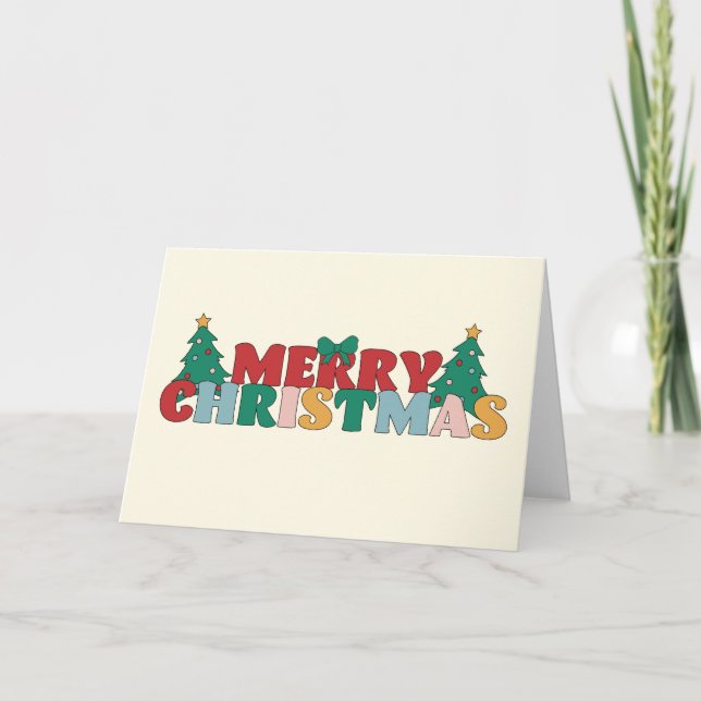 Merry Christmas Typography Decorated Pine Tree Holiday Card (Front)