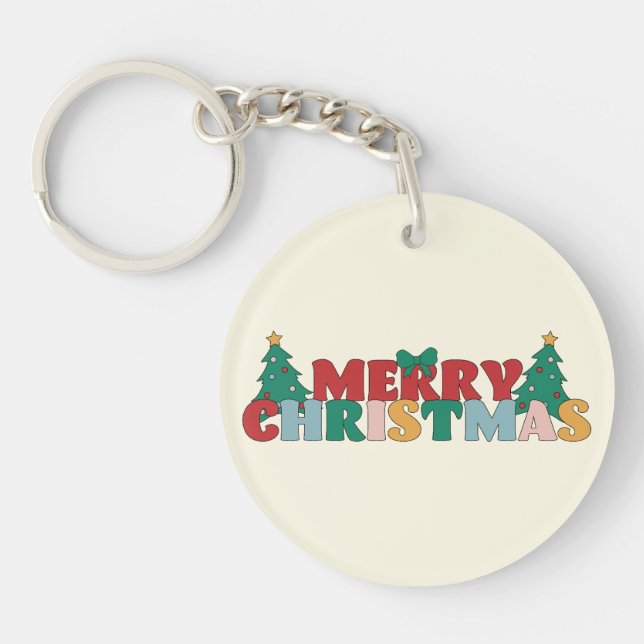 Merry Christmas Typography Decorated Pine Tree Key Ring (Front)