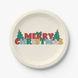 Merry Christmas Typography Decorated Pine Tree Paper Plate