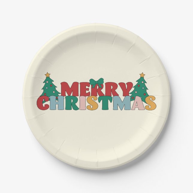 Merry Christmas Typography Decorated Pine Tree Paper Plate (Front)