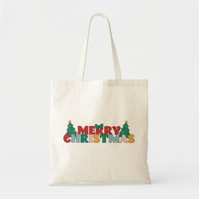 Merry Christmas Typography Decorated Pine Tree Tote Bag (Front)
