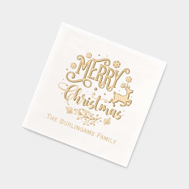 Merry Christmas Typography Family Name  Foil Napkins (Left)