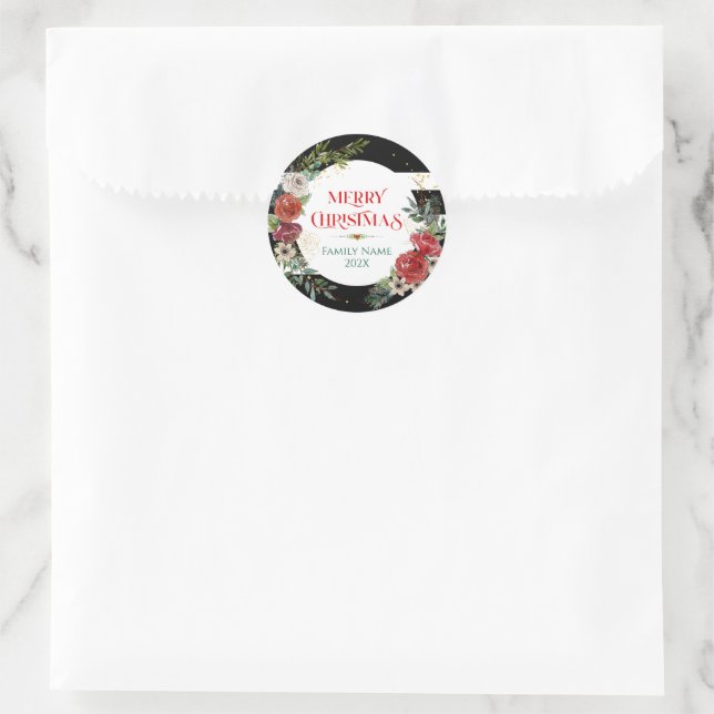 Merry Christmas Typography & Floral Wreath Coaster Classic Round Sticker (Bag)