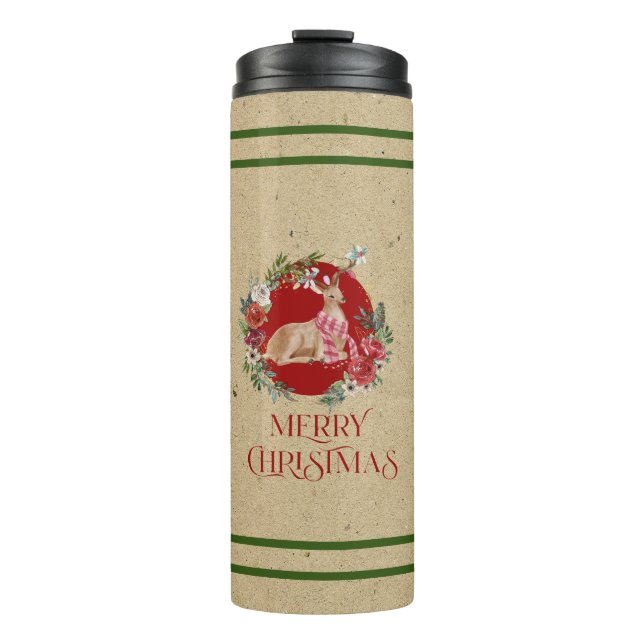Merry Christmas typography Floral wreath with deer Thermal Tumbler (Front)