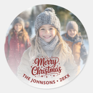 Merry Christmas Typography Gradient Photo Card Classic Round Sticker