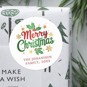 Merry Christmas Typography Holly Berry Family Classic Round Sticker