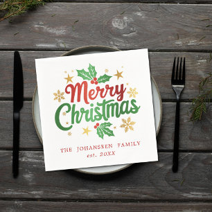 Merry Christmas Typography Holly Berry Snowflakes Napkin
