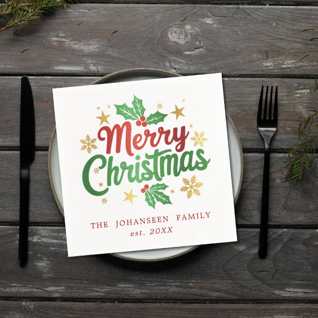 Merry Christmas Typography Holly Berry Snowflakes  Napkin (Creator Uploaded)