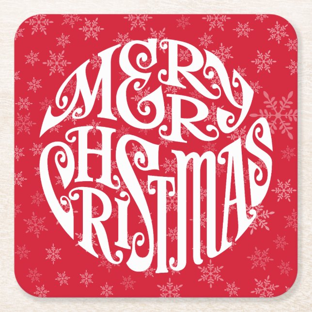 Merry Christmas Typography Joyful Greetings Square Paper Coaster (Front)