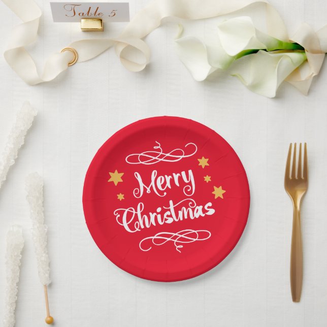 Merry Christmas Typography Light Red White Paper Plate (Wedding)