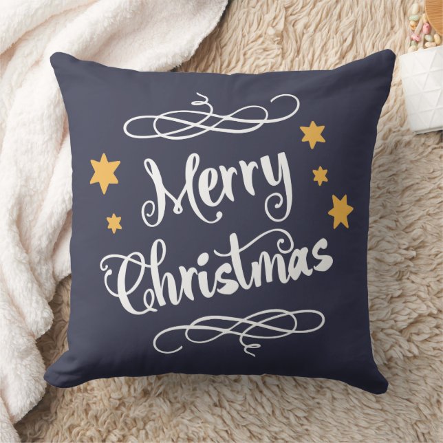 Merry Christmas Typography Midnight Blue White Cushion (Blanket)