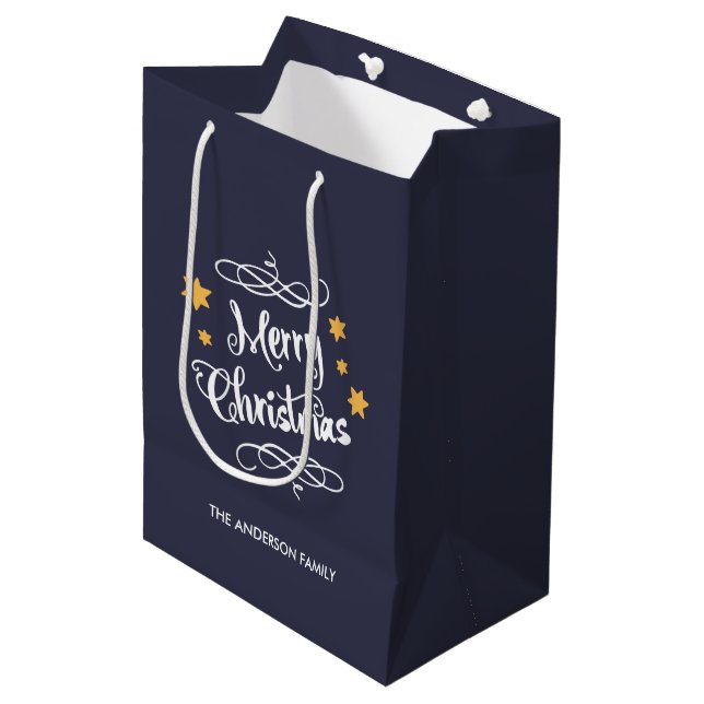 Merry Christmas Typography Midnight Blue White Medium Gift Bag (Front Angled)