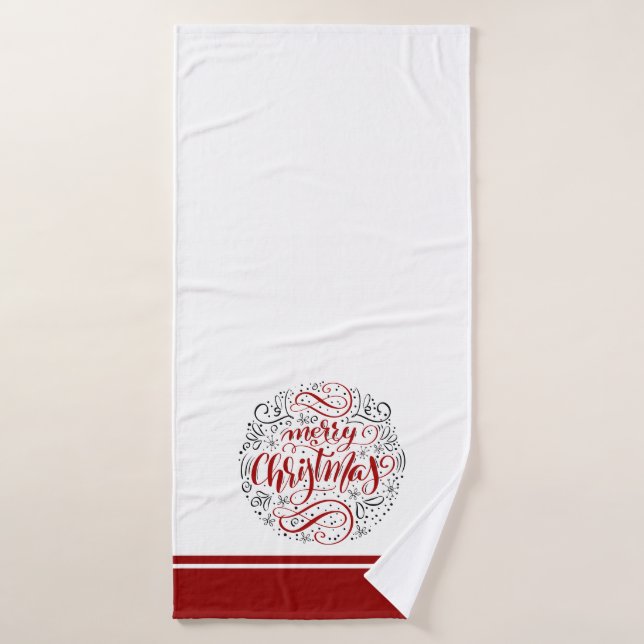 Merry Christmas typography on white and burgundy Bath Towel Set (Bath Towel)