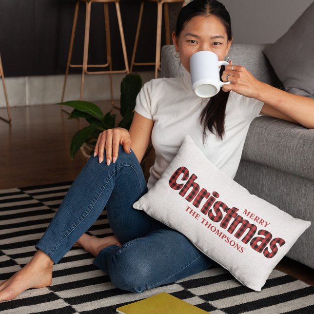 Merry Christmas Typography Personalised Plaid Lumbar Cushion (Merry Christmas red and black buffalo check pattern typography throw pillow. )