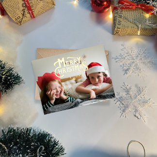 Merry Christmas Typography Photo Custom Foil Holiday Postcard