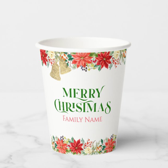 Merry Christmas typography & poinsettia Paper Cups (Front)