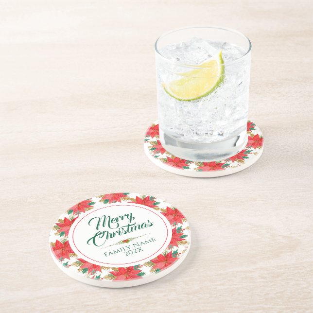 Merry Christmas Typography & Poinsettia Pattern Coaster (Side)