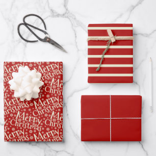 Merry Christmas Typography Red Cream Pattern Wrapping Paper Sheet