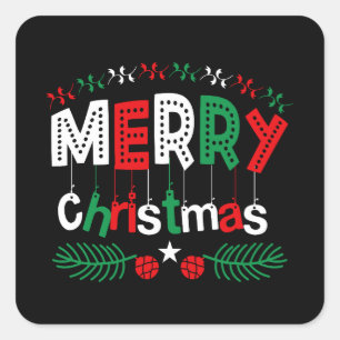 Merry Christmas Typography Red Green Colourful Square Sticker