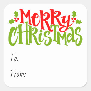 Merry Christmas Typography Red Green Holly Square Sticker