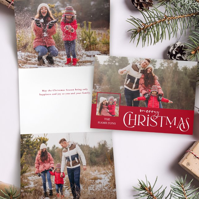 Merry Christmas Typography Red Multi-Photo Tri-Fold Holiday Card (Creator Uploaded)