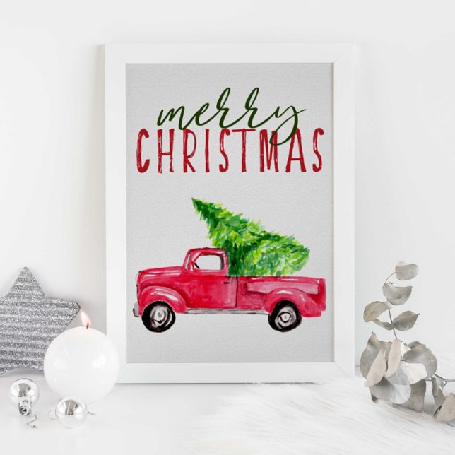 Merry Christmas Typography Red Truck Tree Festive Poster (Creator Uploaded)