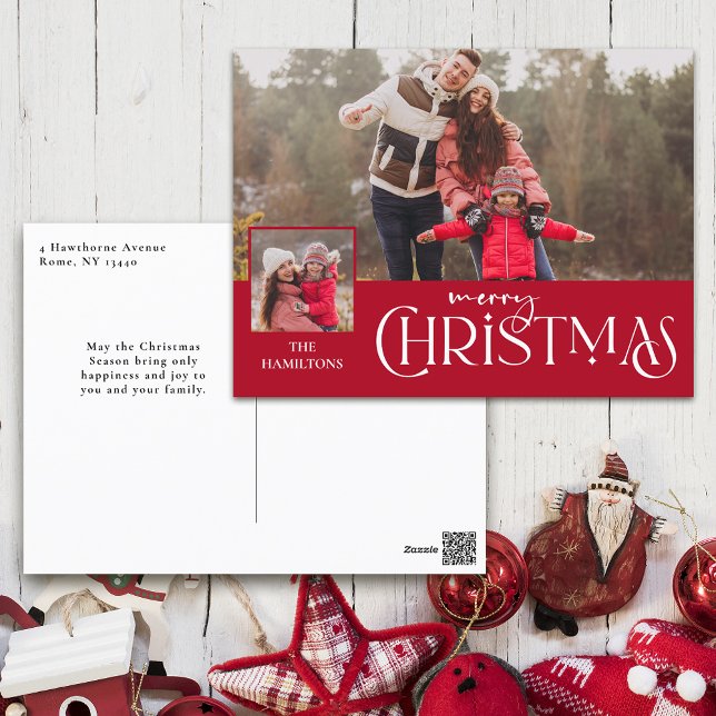 Merry Christmas Typography Red Two-Photo Holiday Postcard (Creator Uploaded)