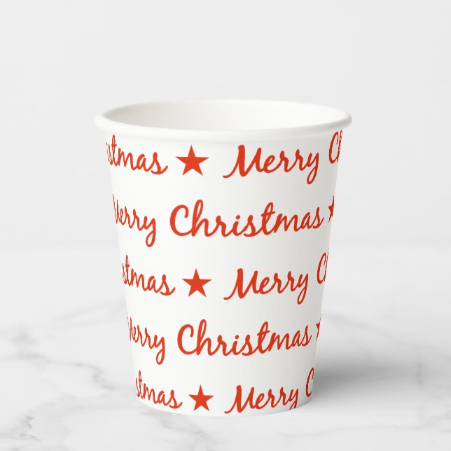 Merry Christmas Typography Red White Pattern Paper Cups (Front)