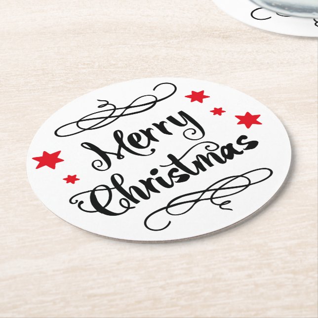 Merry Christmas Typography Red White Round Paper Coaster (Angled)