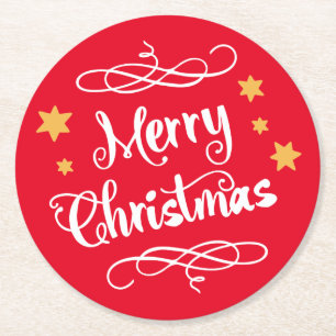 Merry Christmas Typography Red White Round Paper Coaster