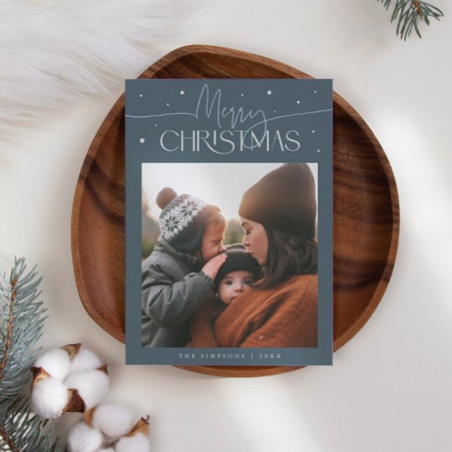 Merry Christmas Typography Slate Blue Photo Holiday Card (Creator Uploaded)