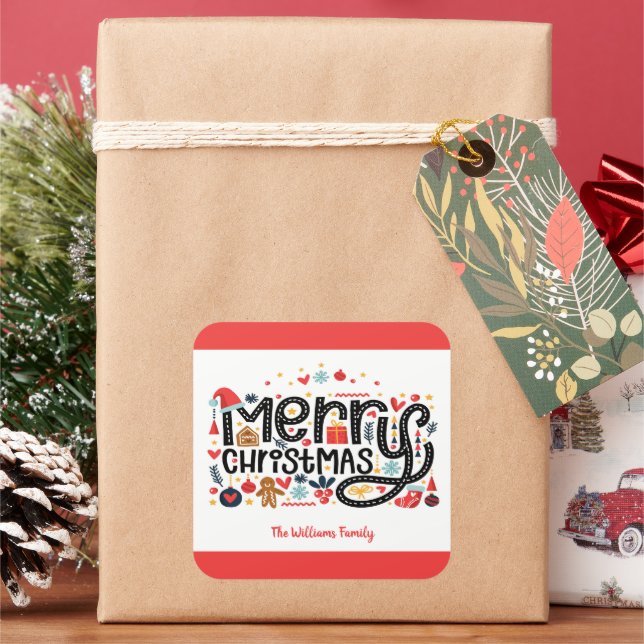Merry Christmas Typography Square Sticker (Holiday)