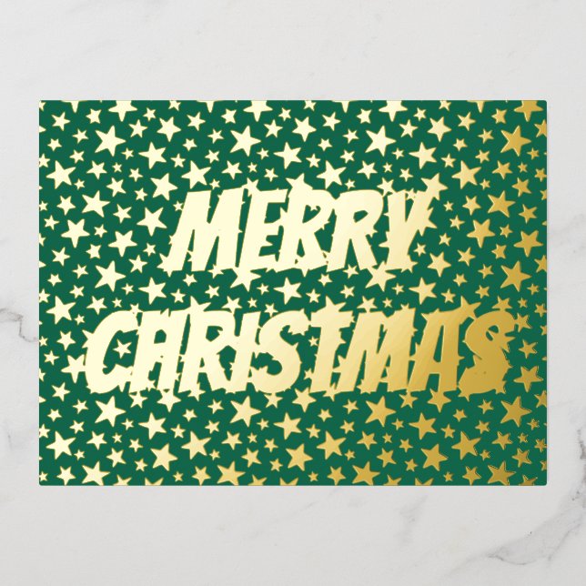 Merry Christmas typography Stars green modern chic Foil Holiday Postcard (Front)